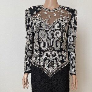 CREATIVE CREATIONS Vintage Silk Long Pearl Crystal Embellished Dress Medium